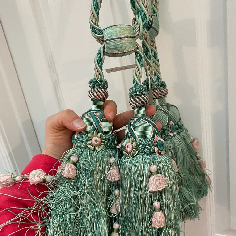 Houles Paris Gorgeous & Elegant Green & Pink Tassel Curtain Tiebacks NWT